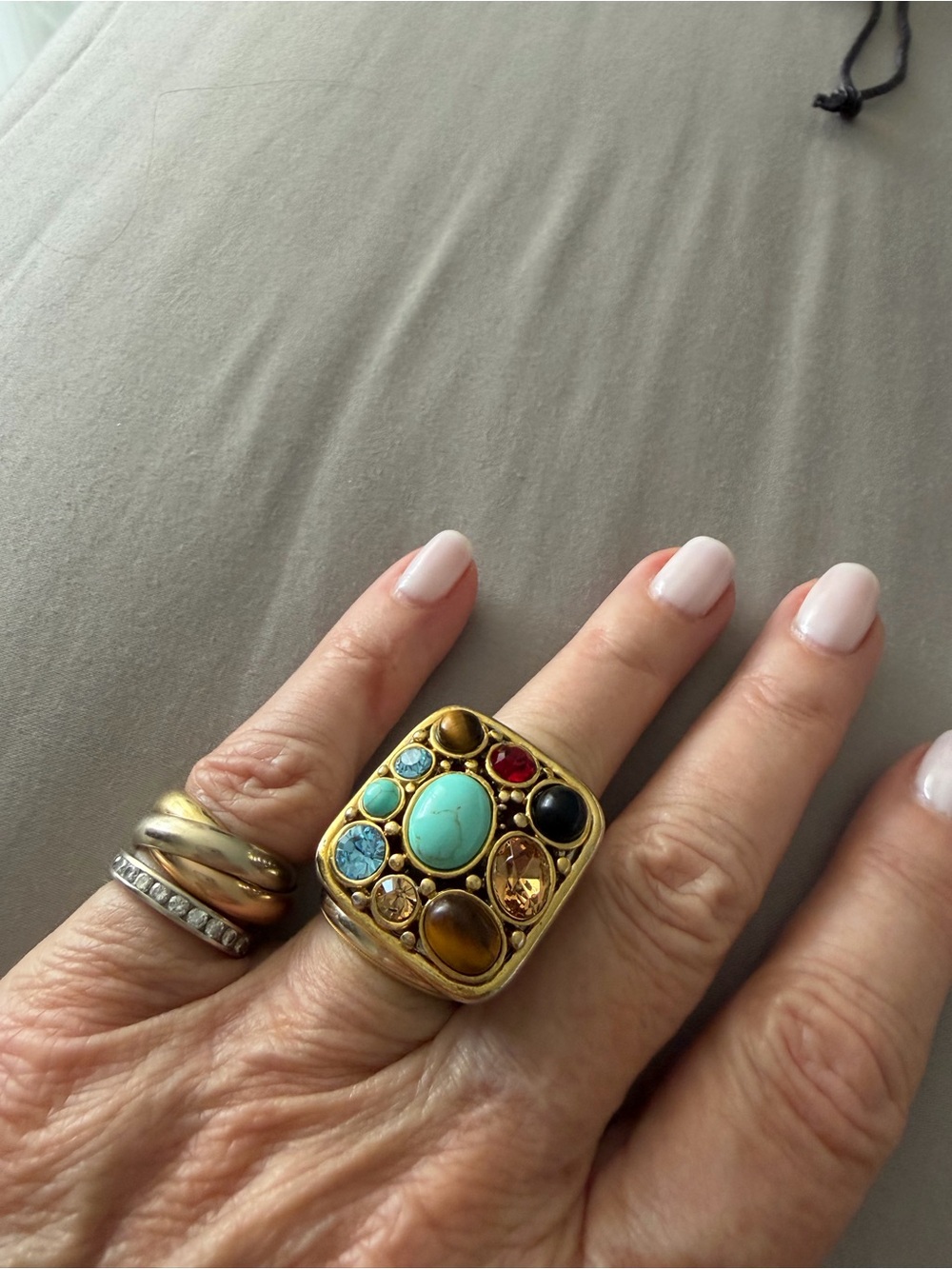 Multi-Gemstone Silver snd Gold Statement Ring - Turquoise & Mixed Stones